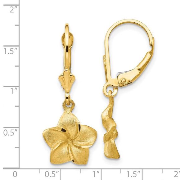 11mm Satin and Diamond Cut Plumeria Dangle Earrings in 14k Yellow Gold - Picture 4 of 5